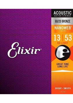 11182 NANOWEB Комплект струн для акустической гитары, HD Light, бронза 80/20, 13-53, Elixir